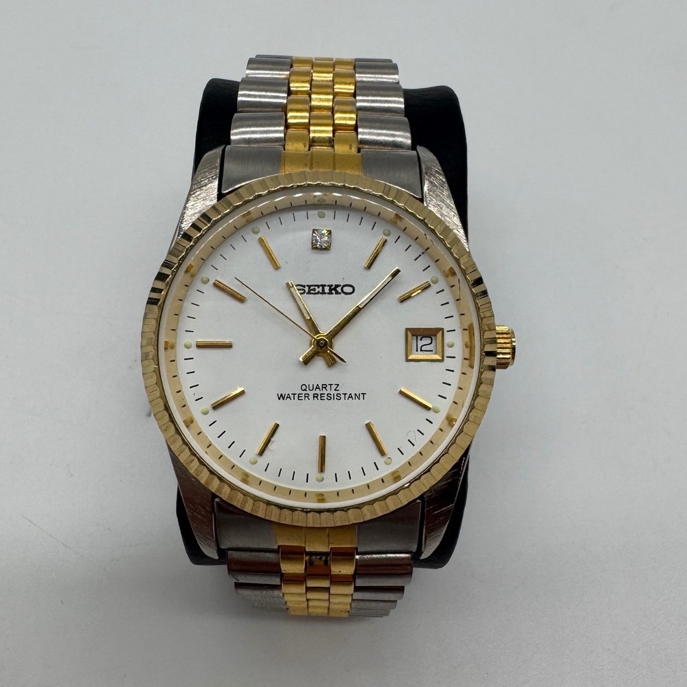 Seiko Quartz Water Resistant Two Tone Watch White Dial Date 16628